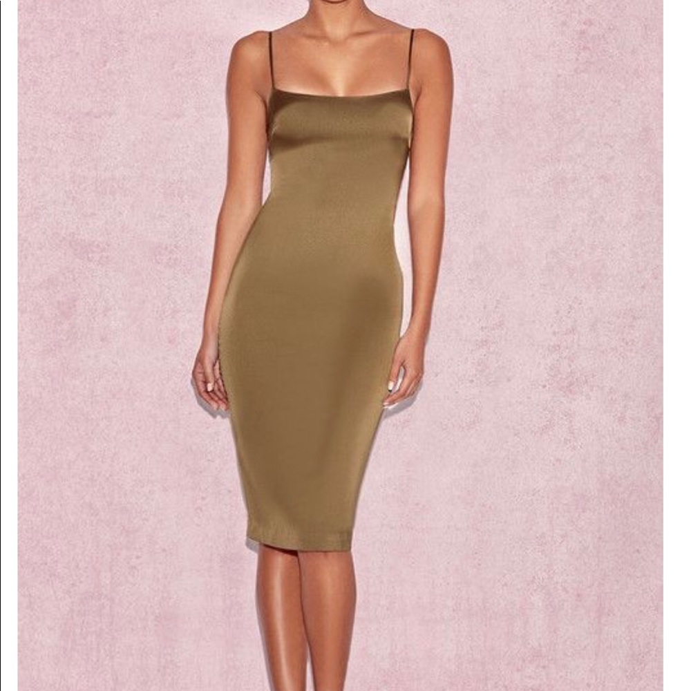 House of CB ‘Mischa’ Khaki Fitted Satin dress